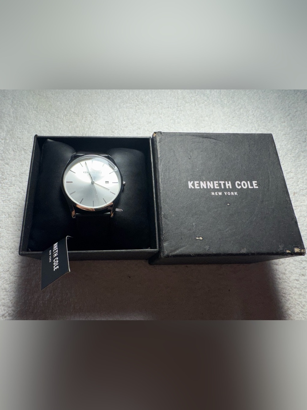 Kenneth Cole New York Silver Dial Quartz Black Leather Strap Watch w/ Box
